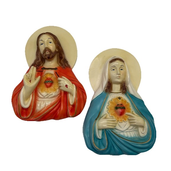 Vintage Mary & Jesus Chalkware Wall Hanging Plaques Sacred Heart Religious‎ 50s